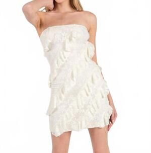 NEW MIDNIGHT MUSE asymmetric ruffles lace mini dress in off white